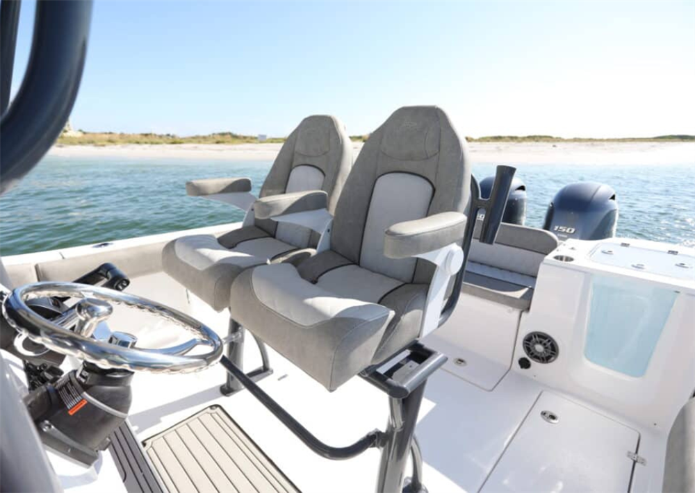 Custom Siesta Sport Chairs onboard a Sea Fox 368 Commander. These feature two-tone vinyl fabric, diamond quilting and black welting.